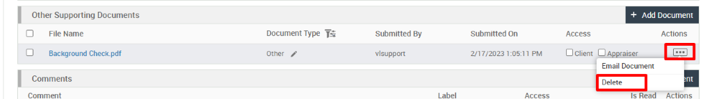 Other Supporting Documents 
Cl File Name 
Cl Background Check.pdf 
Comments 
Comment 
Document Type ¯ 
Other 
Submitted By 
vlsupport 
Label 
Submitted On 
2/17/2023 1 PM 
Access 
Access 
+ Add Document 
Actions 
a.ser 
Email Document 
Delete 
Is ReÅd¯ÄCfions 