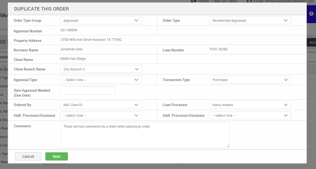 Order Management Duplicate An Appraisal ValueLink Software