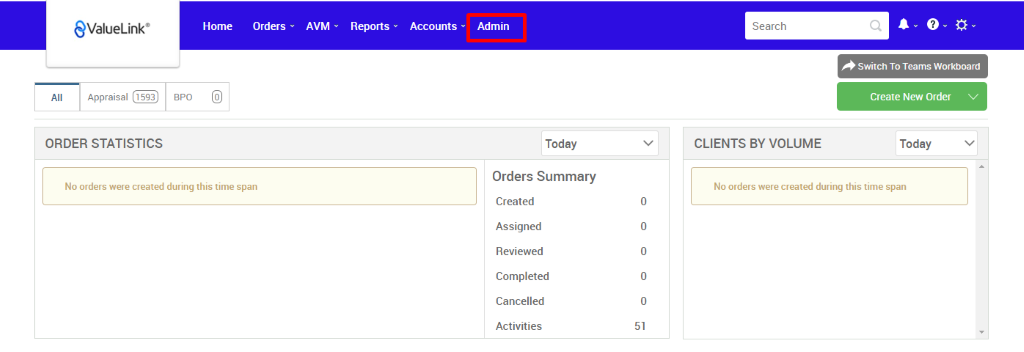 €ValueLink' 
Appraisal 
ORDER STATISTICS 
Home 
Orders 
AVM 
Reports 
Accounts 
Admin 
apo 
Search 
CLIENTS BY VOLUME 
Switch To Teams Workboard 
Create New Order v 
Today 
No orders were created during this time span 
Today 
Orders Summary 
Created 
Assigned 
Reviewed 
Completed 
Cancelled 
Activities 
No orders were created during this time span 
0 
0 
0 
0 
0 
51 