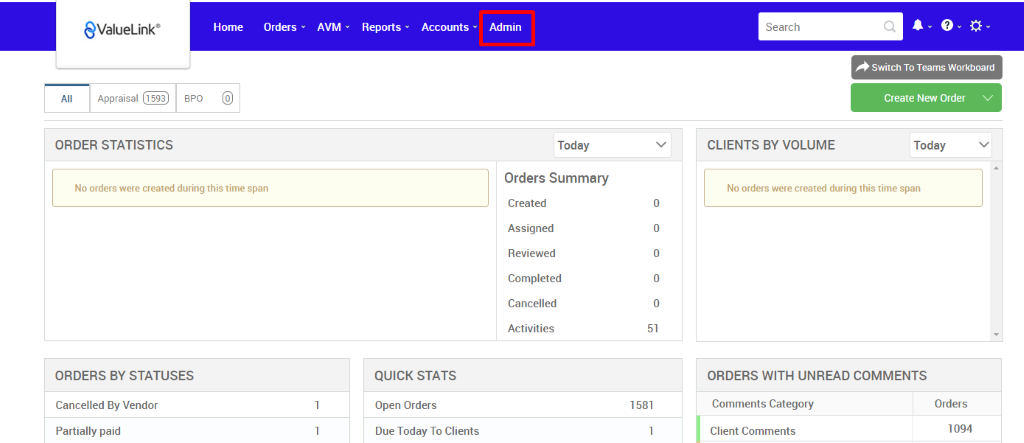 €ValueLink' 
Appraisal 
ORDER STATISTICS 
Home 
Orders 
AVM 
Reports 
Accounts 
apo 
Admin 
Today 
Orders Summary 
Created 
Assigned 
Reviewed 
Completed 
Cancelled 
Activities 
Search 
CLIENTS BY VOLUME 
Switch To Teams Workboard 
Create New Order v 
Today 
No orders were created during this time span 
ORDERS BY STATUSES 
Cancelled By Vendor 
Partially paid 
QUICK STATS 
Open Orders 
Due Today To Clients 
0 
0 
0 
0 
0 
51 
1581 
No orders were created during this time span 
ORDERS WITH UNREAD COMMENTS 
Comments Category 
Client Comments 
Orders 
1094 