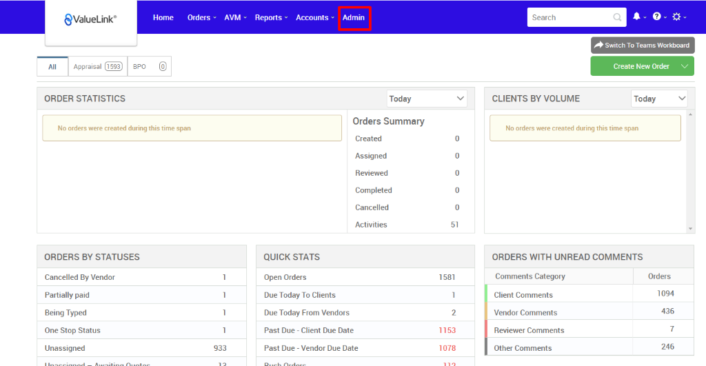 €ValueLink' 
Appraisal 
ORDER STATISTICS 
Home 
Orders 
AVM 
933 
Reports 
Accounts 
apo 
Admin 
Today 
Orders Summary 
Created 
Assigned 
Reviewed 
Completed 
Cancelled 
Activities 
Search 
CLIENTS BY VOLUME 
Switch To Teams Workboard 
Create New Order v 
Today 
No orders were created during this time span 
ORDERS BY STATUSES 
Cancelled By Vendor 
Partially paid 
Being Typed 
One Stop Status 
Unassigned 
QUICK STATS 
Open Orders 
Due Today To Clients 
Due Today From Vendors 
Past Due - Client Due Date 
Past Due - Vendor Due Date 
0 
0 
0 
0 
0 
51 
1581 
2 
1153 
1078 
No orders were created during this time span 
ORDERS WITH UNREAD COMMENTS 
Comments Category 
Client Comments 
Vendor Comments 
Reviewer Comments 
Other Comments 
Orders 
1094 
436 
7 
246 