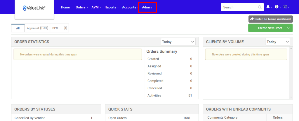 €ValueLink' 
Appraisal 
ORDER STATISTICS 
Home 
Orders 
AVM 
Reports 
Accounts 
apo 
Admin 
Today 
Orders Summary 
Created 
Assigned 
Reviewed 
Completed 
Cancelled 
Activities 
Search 
CLIENTS BY VOLUME 
Switch To Teams Workboard 
Create New Order v 
Today 
No orders were created during this time span 
ORDERS BY STATUSES 
Cancelled By Vendor 
QUICK STATS 
Open Orders 
0 
0 
0 
0 
0 
51 
1581 
No orders were created during this time span 
ORDERS WITH UNREAD COMMENTS 
Comments Category 
Orders 