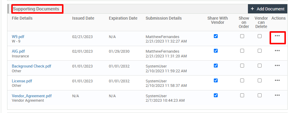 Supporting Documents 
File Details 
W9.pdf 
AIG.pdf 
Insurance 
Background Check.pdf 
Other 
License.pdf 
Other 
Vendor_Agreement_pdf 
Vendor Agreement 
Issued Date 
02/21 /2023 
02/01 /2023 
m /01/2023 
01 /01/2023 
N/A 
Expiration Date 
N/A 
01 /29/2030 
m /2032 
m /2032 
N/A 
Submission Details 
MatthewFernandes 
2/21 ,'2023 1 AM 
MatthewFernandes 
2/21 /2023 1:31 20 AM 
SystemlJser 
2/10/2023 AM 
SystemlJser 
2/10/2023 AM 
SystemlJser 
2/7/2023 AM 
Share With 
Vendor 
Show 
Order 
+ Add Document 
Vendor Actions 
can 
Delete 