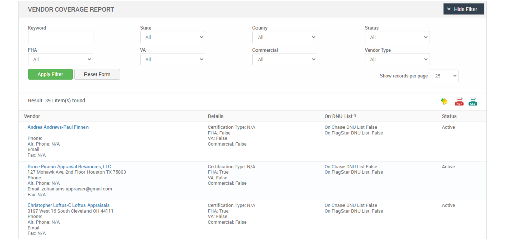 VENDOR COVERAGE REPORT 
Keyword 
Apply Filter 
State 
VA 
Reset Form 
County 
Commercial 
Details 
Certification Type: N/A 
FHA: False 
VA False 
Commercial: False 
Certification Type: N/A 
FHA: True 
VA: False 
Commercial: False 
Certification Type: N/A 
FHA: True 
VA False 
Commercial: False 
Status 
Vendor Type 
Show records per page 
Result: 391 item(s) found 
Vendor 
Andrea Andrews-Paul Finnen 
Phone: 
Alt Phone: N/A 
Email: 
Fax: N/A 
Bruce Piraino-Appraisal Resources, LLC 
127 Mohawk Ave, 2nd Floor Houston TX 75803 
Phone: 
Alt Phone: N/A 
Email: 
Fax: N/A 
Christopher Loftus-C Loftus Appraisals 
31 97 West 16 South Cleveland OH 441 11 
Phone: 
Alt Phone: N/A 
Email: 
Fax: N/A 
on DNIJ List ? 
On Chase DNIJ List False 
On Flagstar DNIJ List: False 
On Chase DNIJ List False 
On Flagstar DNIJ List: False 
On Chase DNIJ List False 
On Flagstar DNIJ List: False 
v Hide Filter 
25 
Status 
Active 
Active 
Active 