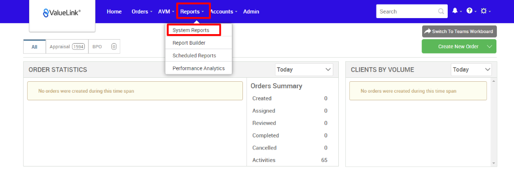 €ValueLink' 
Appraisal 
ORDER STATISTICS 
Home 
Orders 
apo 
AVM Reports Qccounts 
System Reports 
Report Builder 
Scheduled Reports 
Performance Analytics 
Admin 
Today 
Orders Summary 
Created 
Assigned 
Reviewed 
Completed 
Cancelled 
Activities 
Search 
CLIENTS BY VOLUME 
Switch To Teams Workboard 
Create New Order v 
Today 
No orders were created during this time span 
No orders were created during this time span 
0 
0 
0 
0 
0 
65 