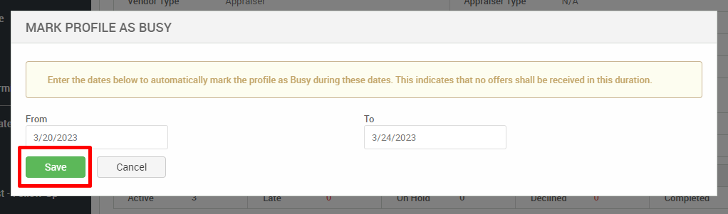 MARK PROFILE AS BUSY 
Enter the dates below to automatically mark the profile as Busy during these dates. This indicates that no offers shall be received in this duration. 
From 
3/20/2023 
Save 
To 
3/24/2023 
Cancel 