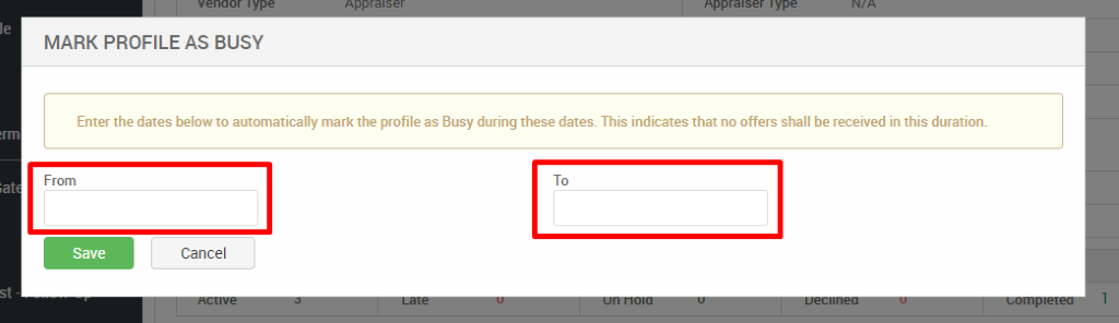 MARK PROFILE AS BUSY 
Enter the dates below to automatically mark the profile as Busy during these dates. This indicates that no offers shall be received in this duration. 
From 
Save 
To 
Cancel 