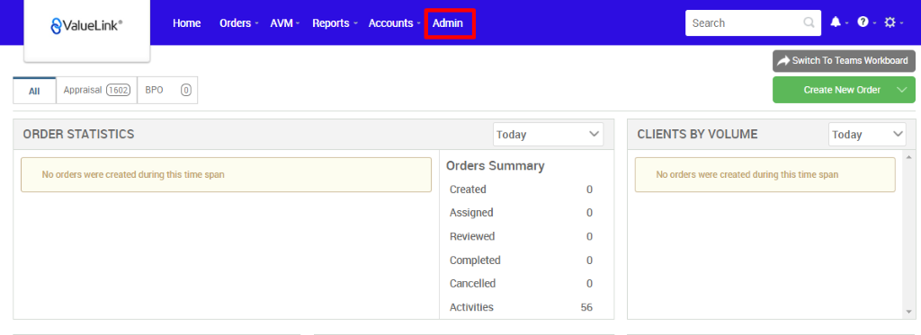 €ValueLink' 
Appraisal 
ORDER STATISTICS 
Horne 
orders • 
AVM • 
Reports 
Accounts • 
apo 
Admin 
Today 
Orders Summary 
Created 
Assigned 
Reviewed 
Completed 
Cancelled 
Activities 
Search 
CLIENTS BY VOLUME 
c 
Switch To Teams Workmard 
Create New Order v 
Today 
No orders wee created dwing this time span 
No orders were created during this time span 
56 