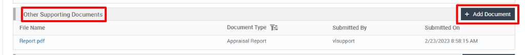 Other Supporting Documents 
File Name 
Report.pdf 
Document Type 
Appraisal Report 
Submitted By 
vlsupport 
+ Add Document 
Submitted On 
2/23/2023 AM 