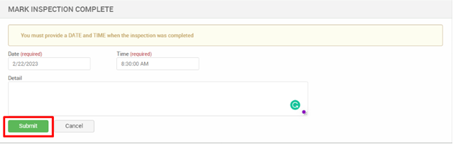 Order T 
Order G 
Apprai 
Status 
Client 
Client 
Investo 
Loan N 
Transa 
Loan T 
Date N 
Priority 
Tracking 
AMC Reg. 
MARK INSPECTION COMPLETE 
You must provide a DATE and TIME when the inspection was completed 
Date (required) 
2/22/2023 
Detail 
Submit 
Number 
Time (required) 
AM 
Cancel 
qwer 